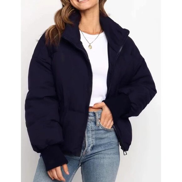 Women’s Navy Winter Cropped Puffer Jacket Coat Short Warm Quilted Jacket - Picture 3 of 7